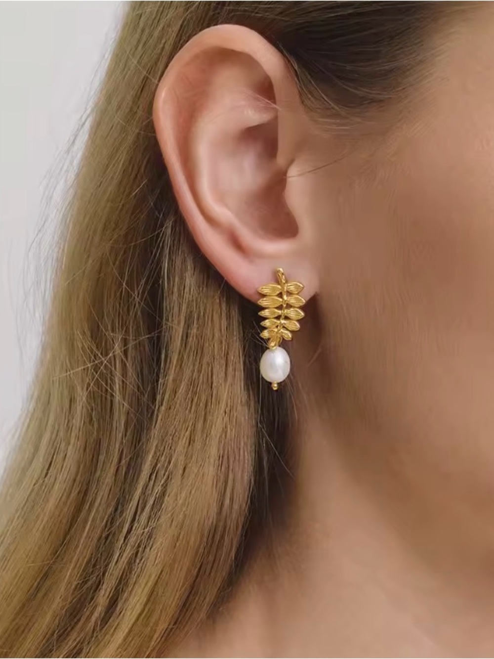 Gold Leaf Pearl Drop Earrings - Women Jewelry